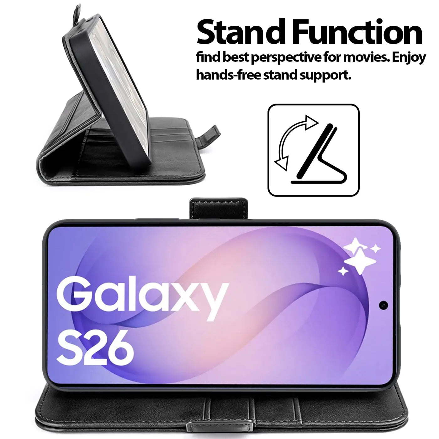 Schwarze Leder-Klapphülle im Querformat, zeigt Samsung Galaxy S26 mit Ständerfunktion.