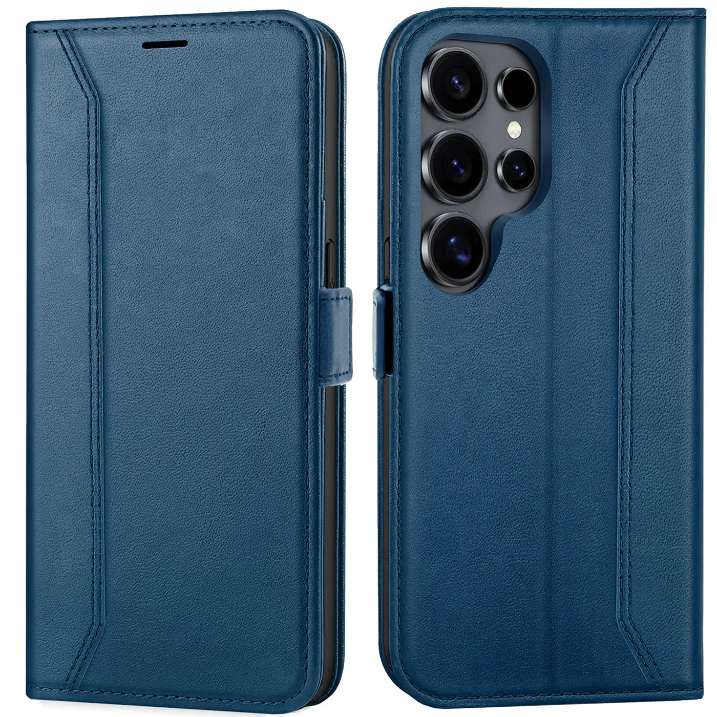 Blaue Leder-Klapphülle mit RFID-Schutz, zeigt Samsung Galaxy S26 Ultra von vorne und hinten.