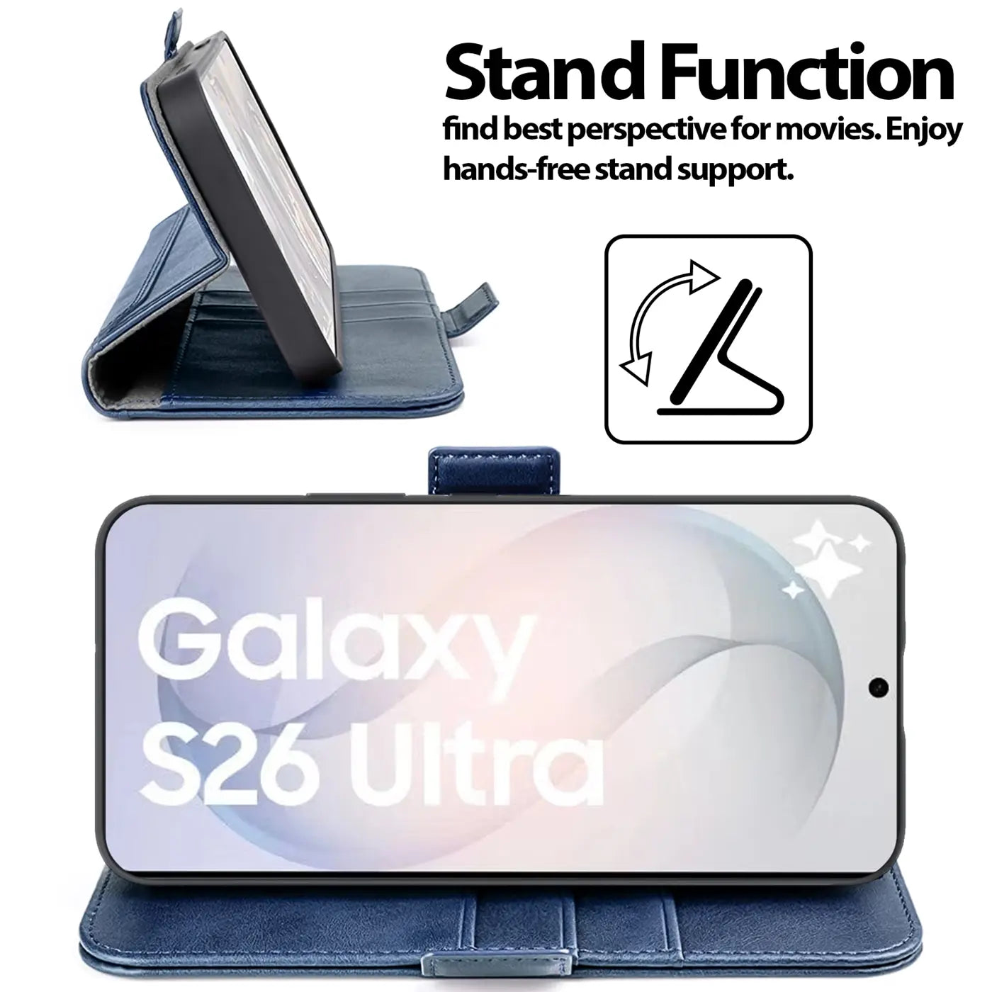 Blaue Kunstleder-Klapphülle mit Ständerfunktion für Samsung Galaxy S26 Ultra, Seitenansicht und Frontalansicht.