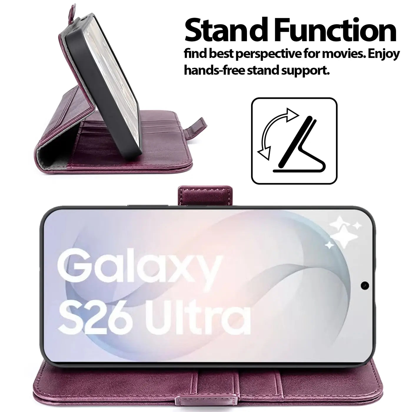 Dunkelrote Lederhülle mit Standfunktion für Samsung Galaxy S26 Ultra, von vorne und Seite gezeigt.