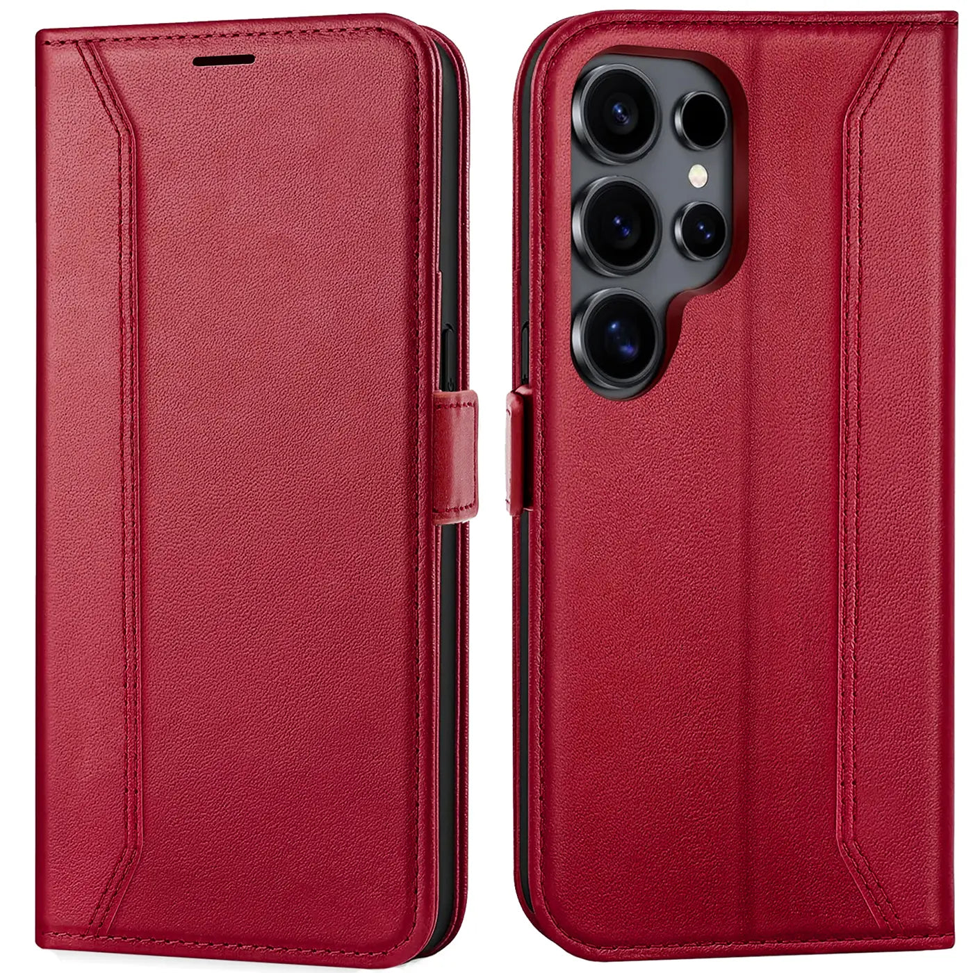 Rote Leder-Klapphülle mit RFID-Schutz für Samsung S26 Ultra, Vorder- und Rückansicht.
