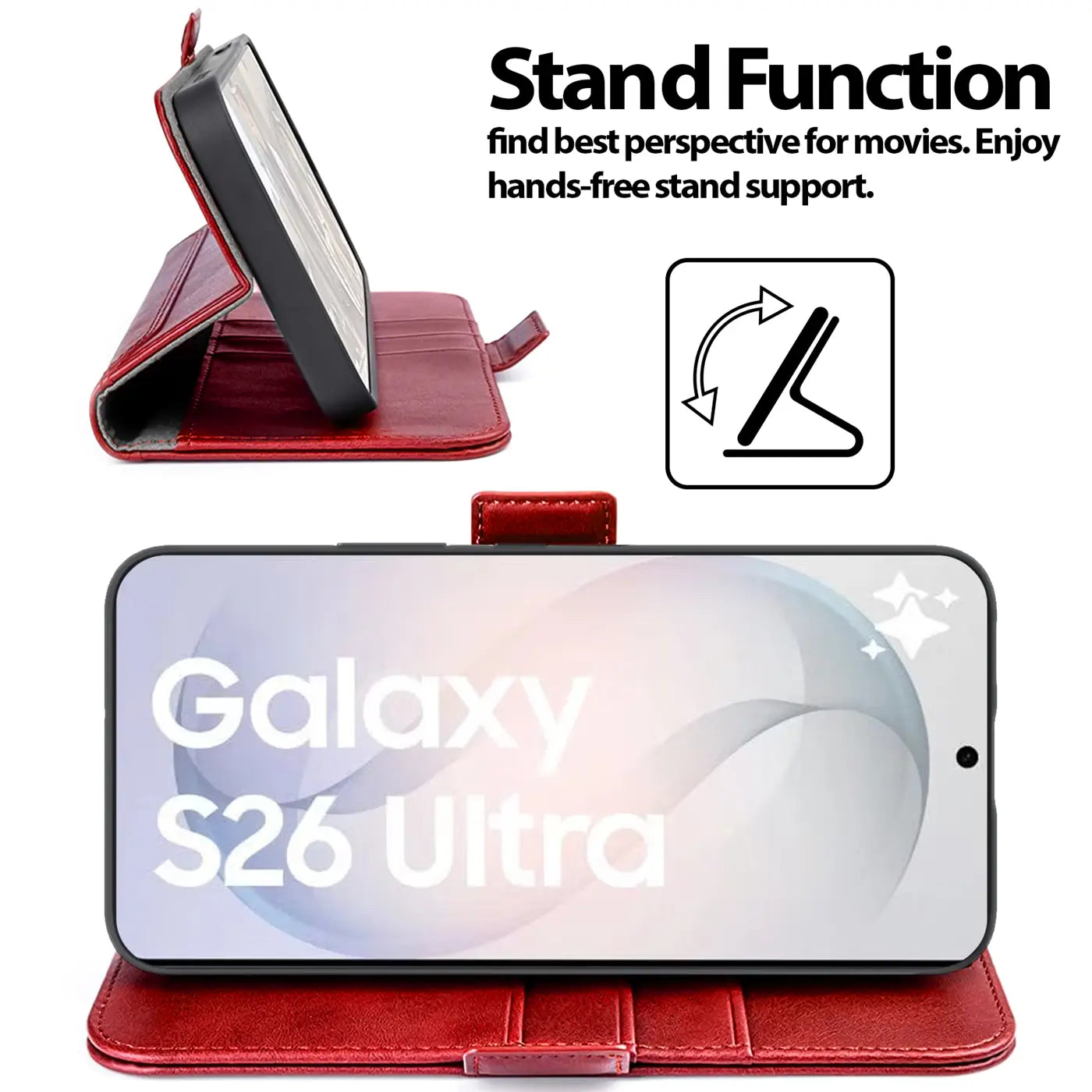 Rote Leder-Klapphülle mit integriertem Ständer für Samsung Galaxy S26 Ultra, von vorne und Seite