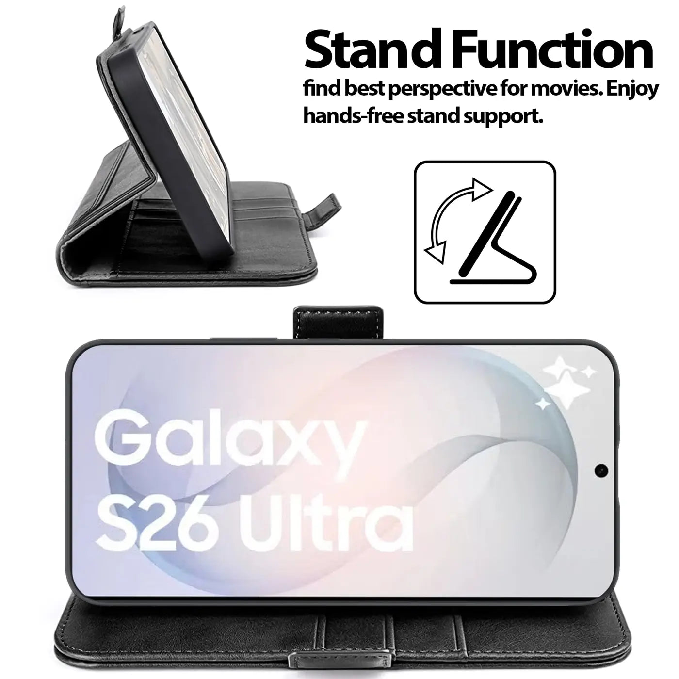 Schwarze Leder-Klapphülle mit Ständerfunktion für Samsung Galaxy S26 Ultra, Seitenansicht.