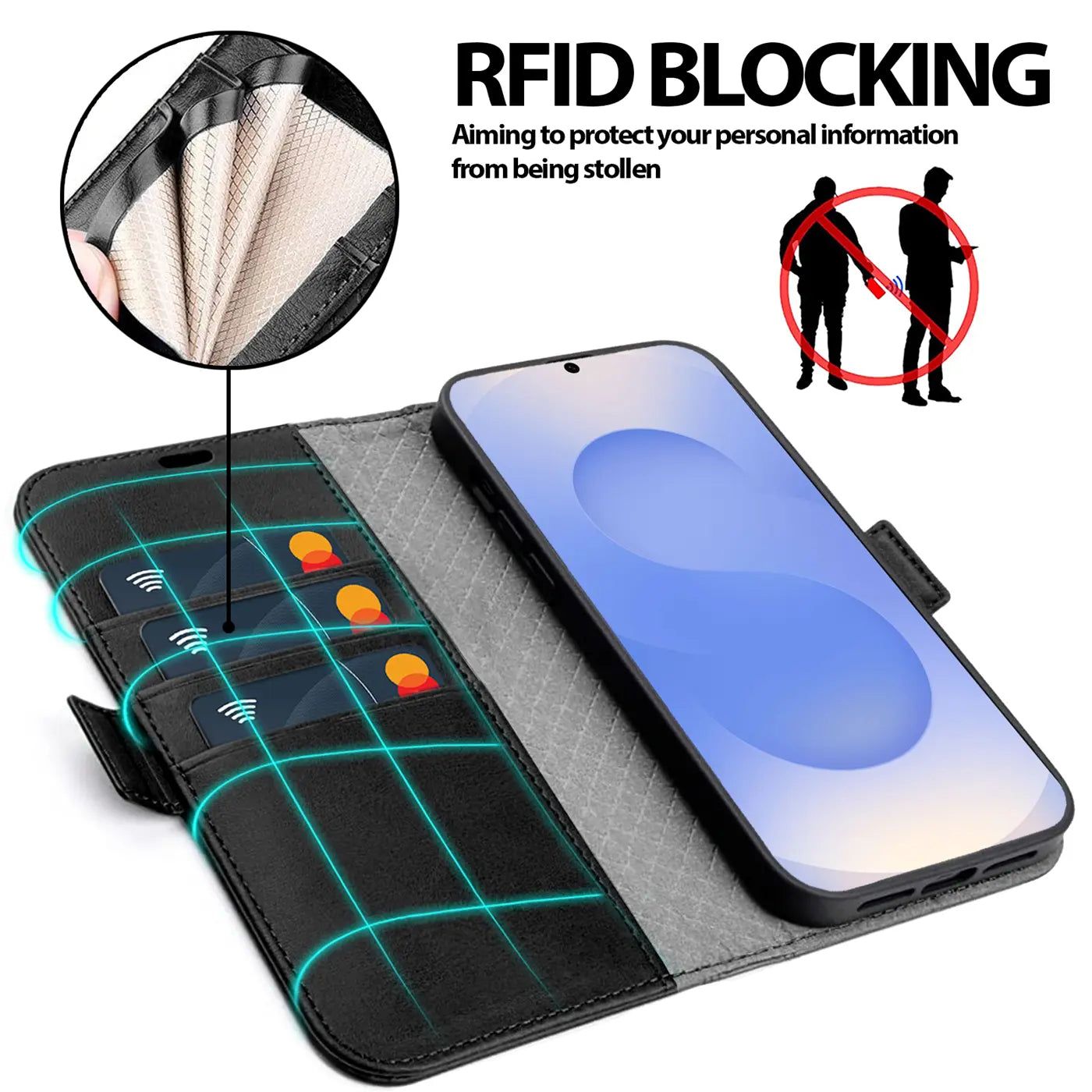 Schwarze Leder-Klapphülle mit Kartenfächern und Samsung S26 Ultra, von oben.