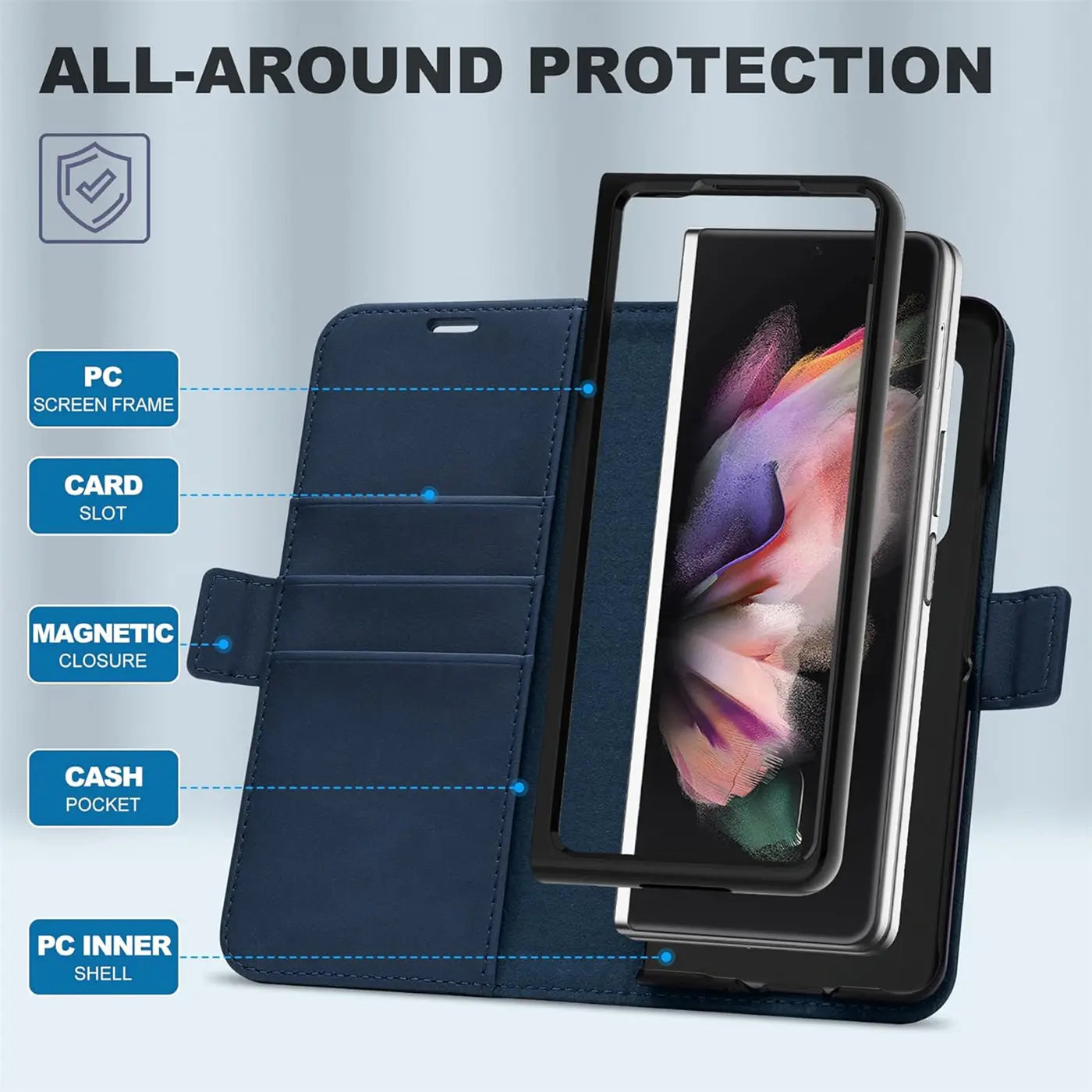 Dunkelblaue Klapphülle aus Lederimitat mit integriertem Samsung Galaxy Z Fold 3, von vorne.