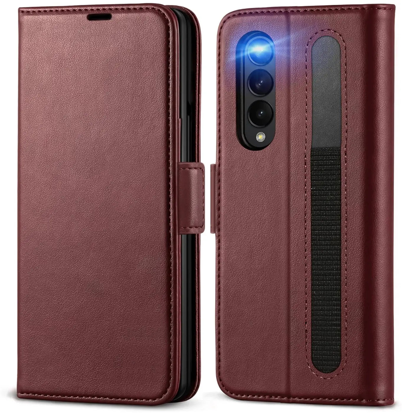 Dunkelrote Lederhülle für Samsung Galaxy Z Fold 3, Vorder- und Rückansicht, mit Kameramodul.