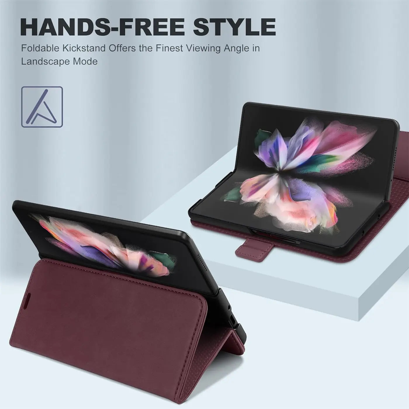 Weinrote Klapphülle aus Leder mit integriertem Ständer für Samsung Galaxy Z Fold 3, von vorne und von der Seite