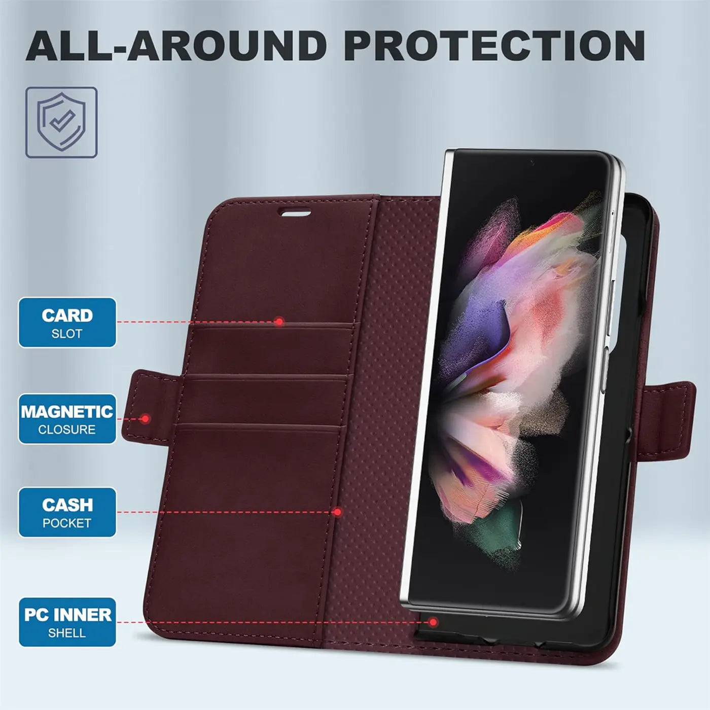 Dunkelrote Lederhülle mit Kartenfächern, zeigt Samsung Galaxy Z Fold 3.