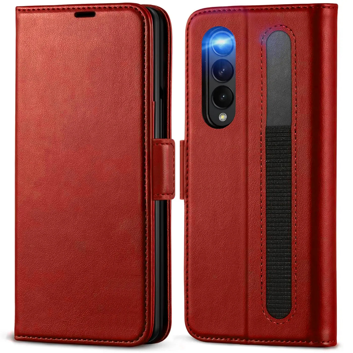 Rote Lederhülle, offen, zeigt Rückseite Samsung Galaxy Z Fold 3.