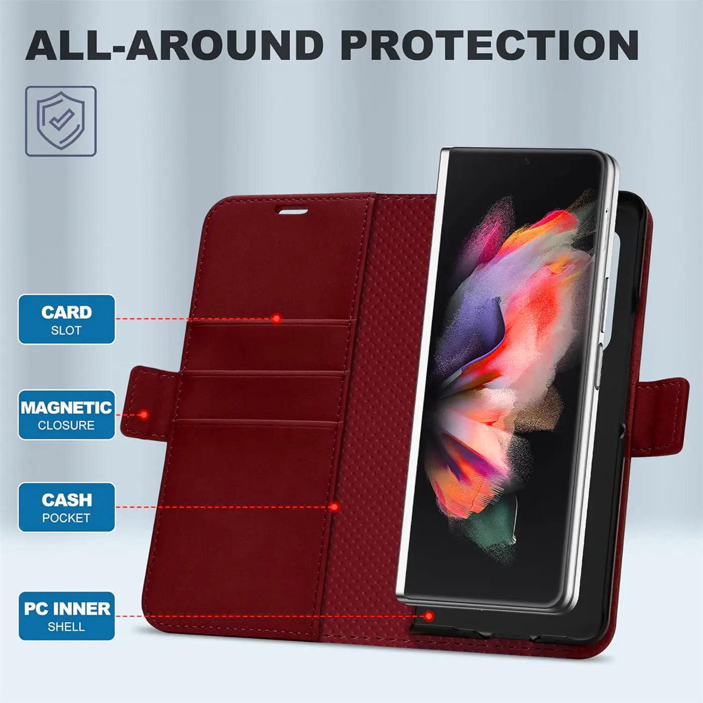 Rote Leder-Klapphülle mit Samsung Galaxy Z Fold 3, von vorne, mit Kartenfächern.