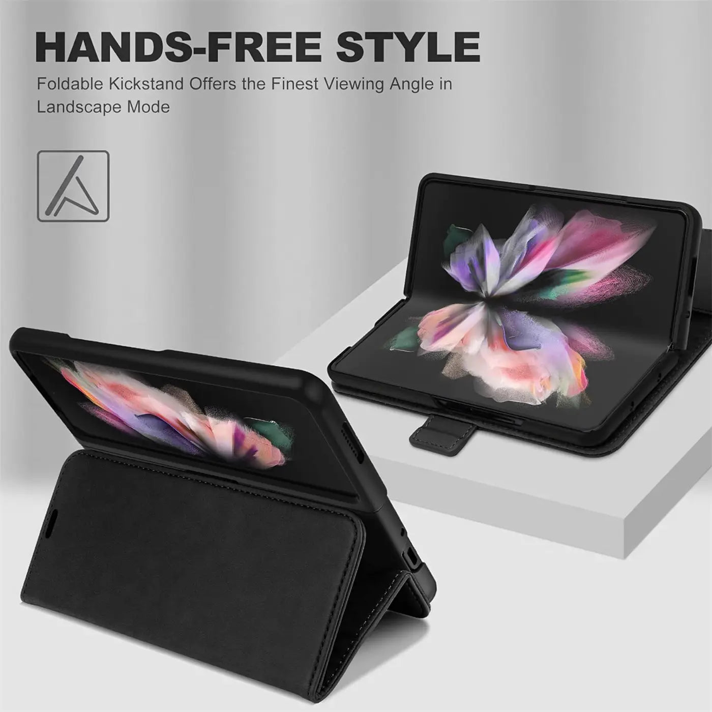 Schwarze Lederhülle mit offenem Samsung Galaxy Z Fold 3, Seitenansicht.