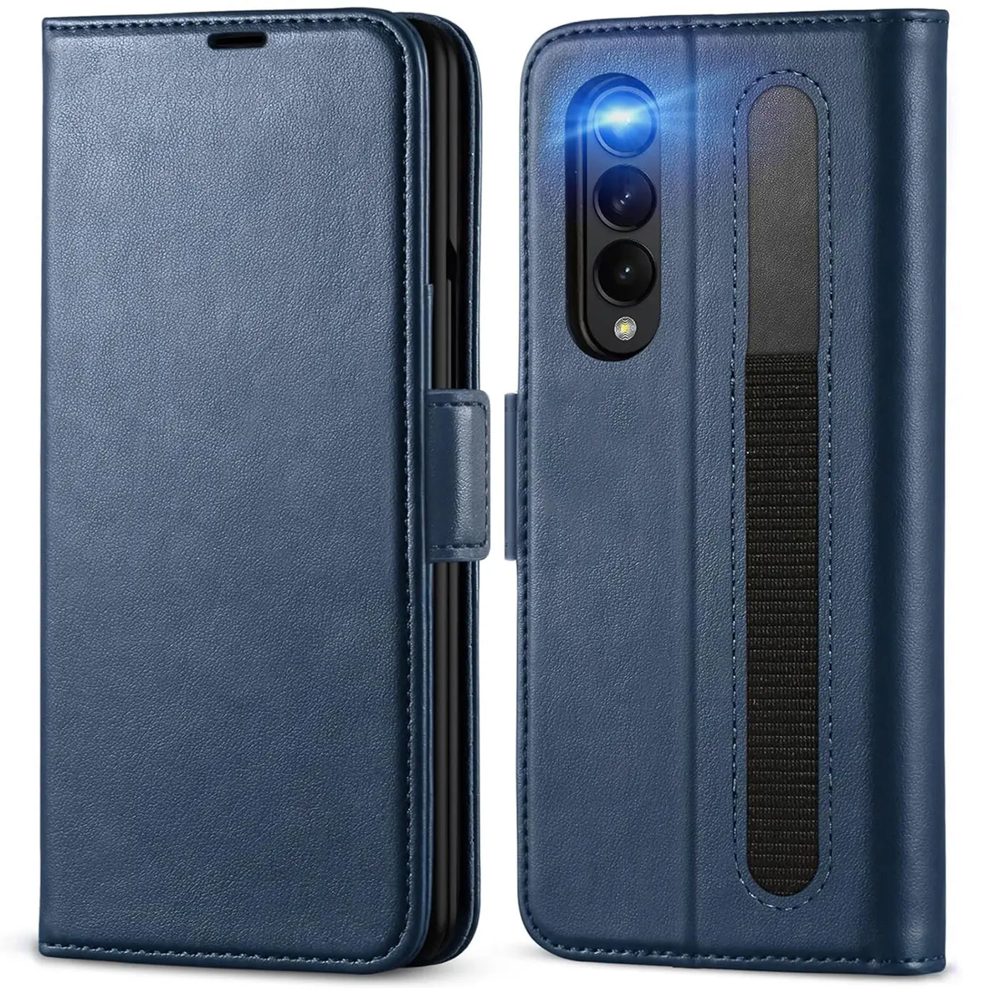 Blaue Lederhülle für Samsung Galaxy Z Fold 4, Vorder- und Rückansicht, mit Kamera und Blitz.