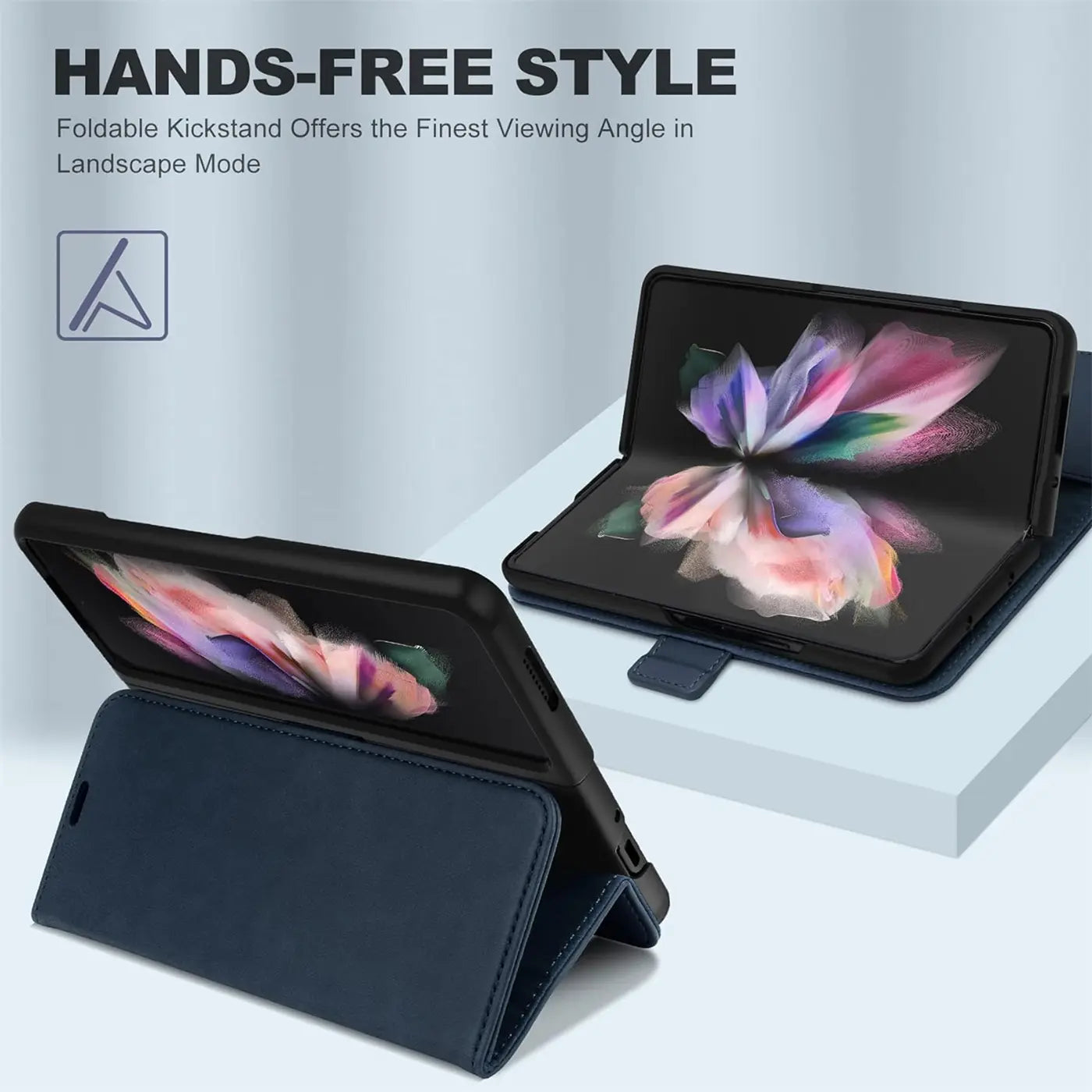 Dunkelblaue Lederhülle mit offenem Samsung Galaxy Z Fold 4, von vorne links und rechts.