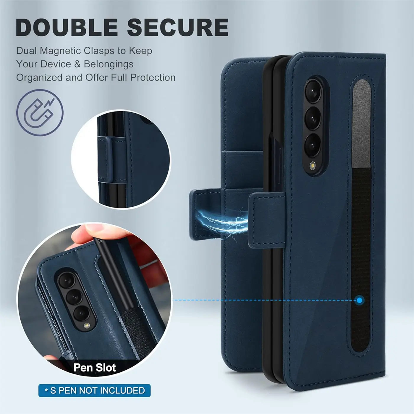 Dunkelblaue Kunstlederhülle für Samsung Galaxy Z Fold 4, Seitenansicht, mit Stiftschlitz.