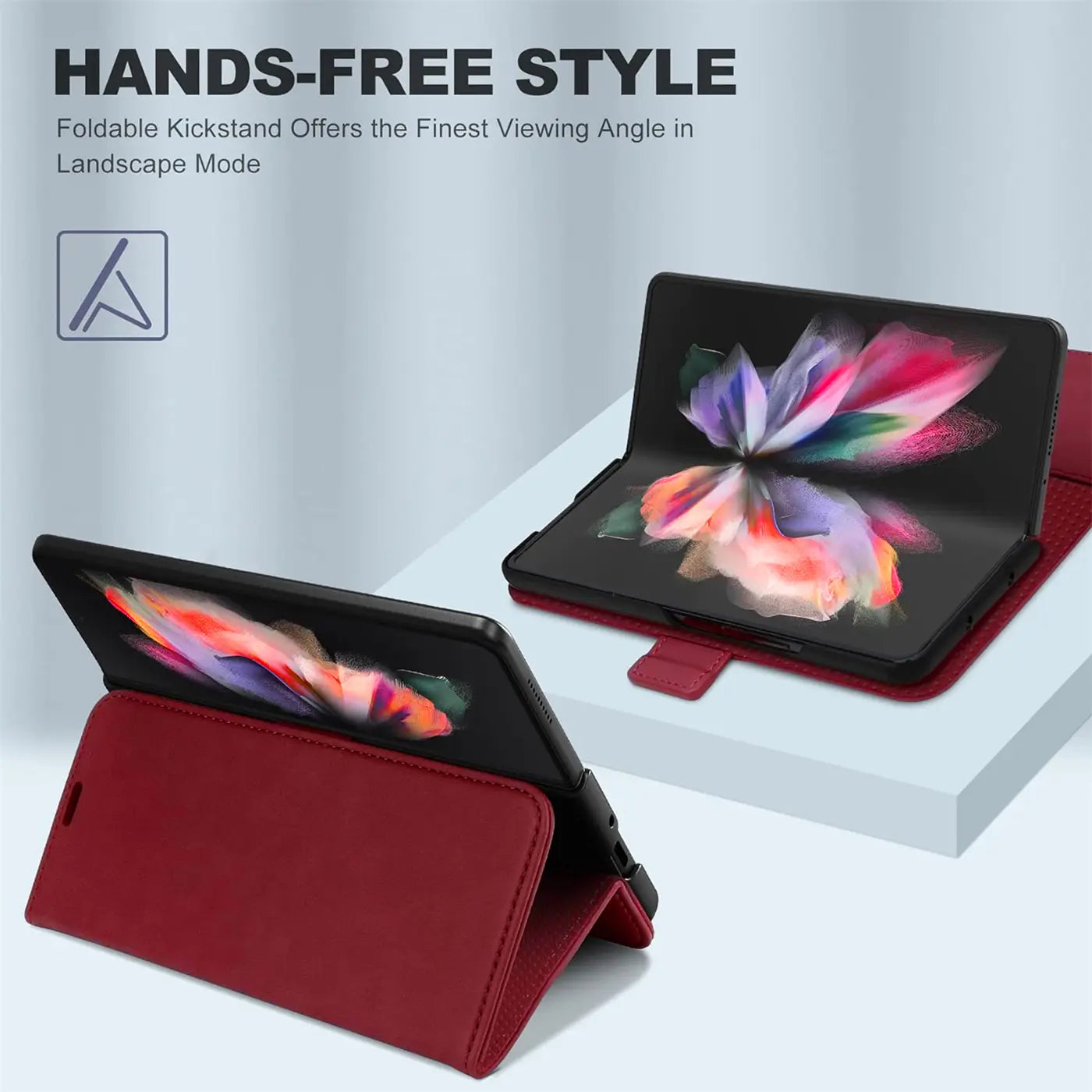 Rote Lederhülle mit aufgestelltem Samsung Galaxy Z Fold 4, Seitenansicht.
