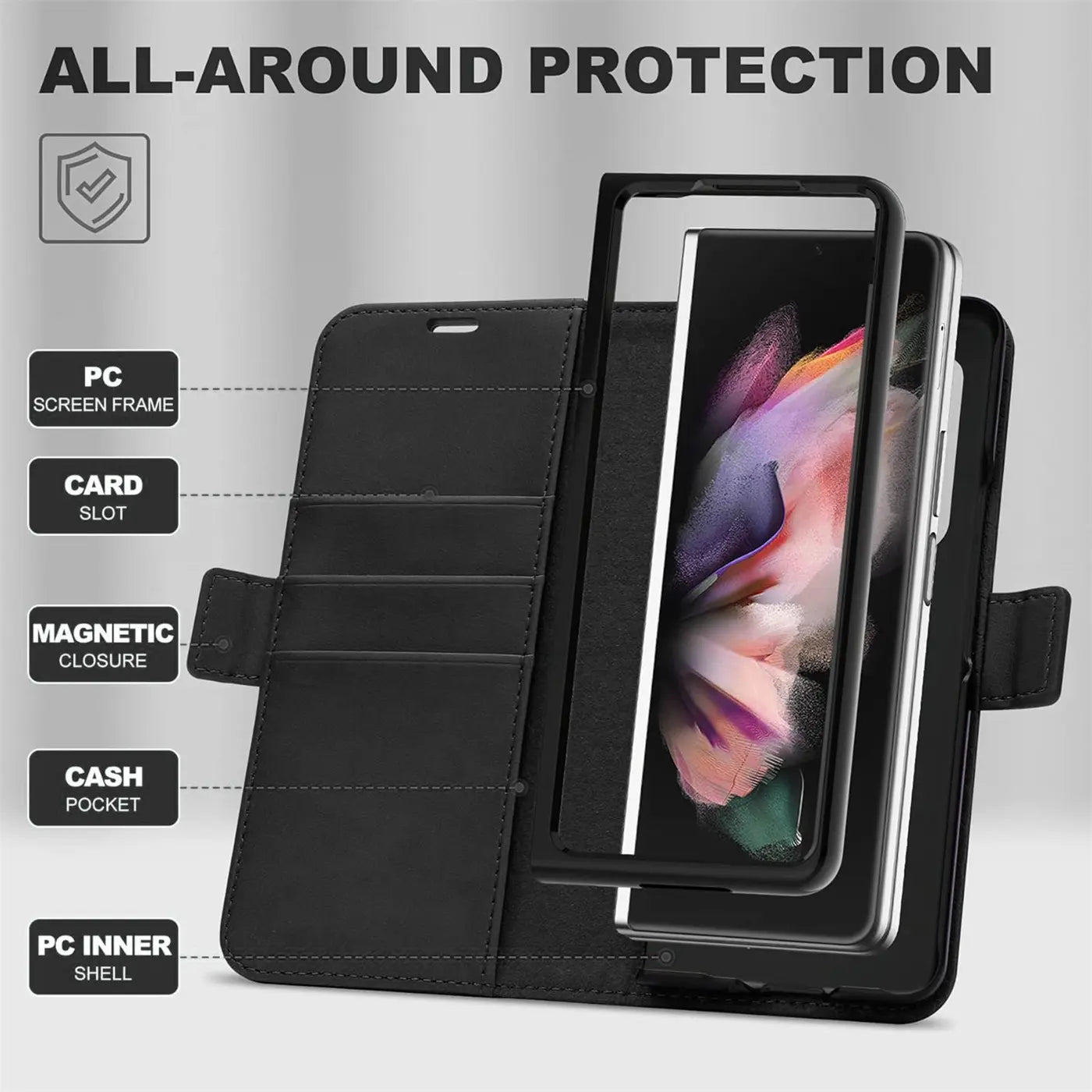 Schwarze Klapphülle aus Leder mit RFID-Schutz für Samsung Galaxy Z Fold 4, von vorne gezeigt.