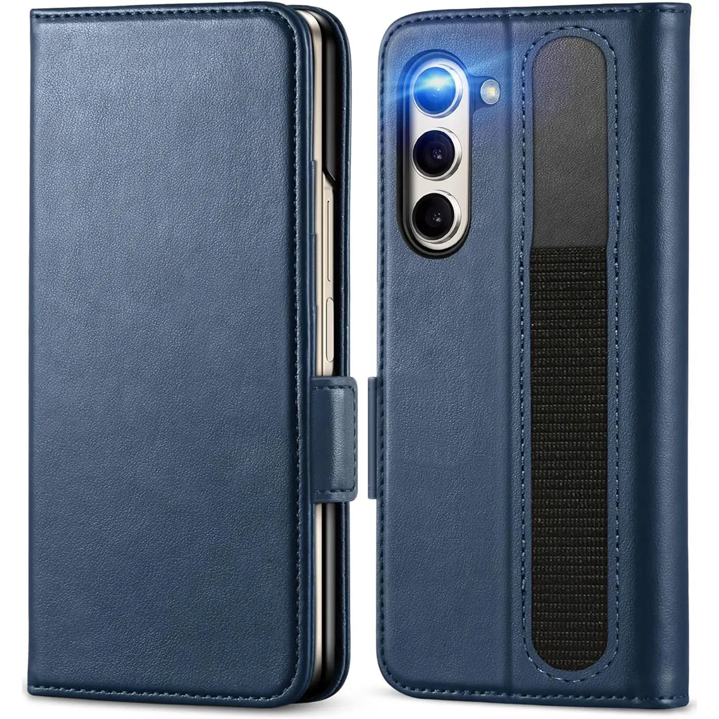 Blaue Leder-Klapphülle mit schwarzem Band, Vorder- und Rückseite eines Samsung Galaxy Z Fold 5.