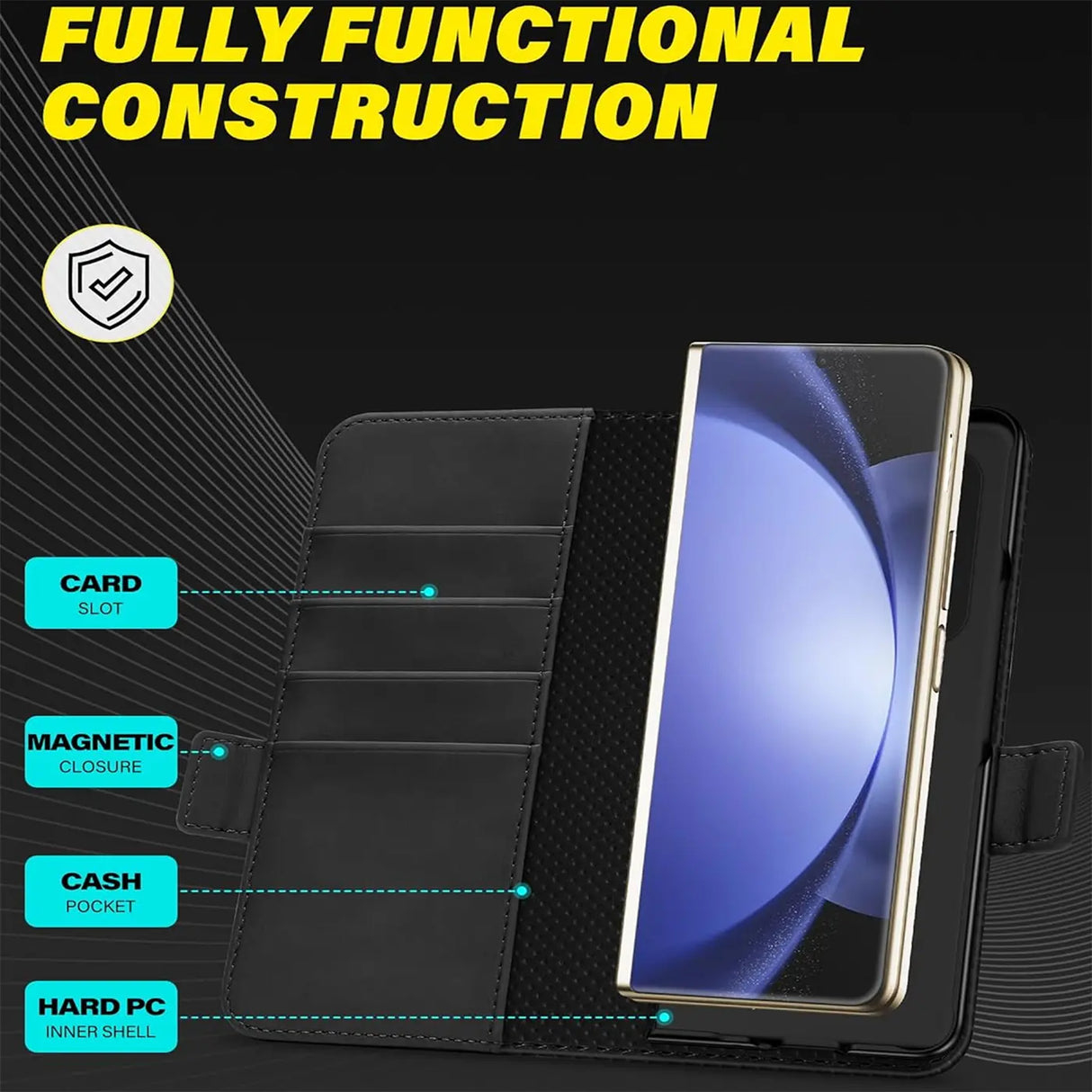 Samsung Galaxy Z FOLD 5 Klapphülle im Lederlook mit RFID Block in Schwarz