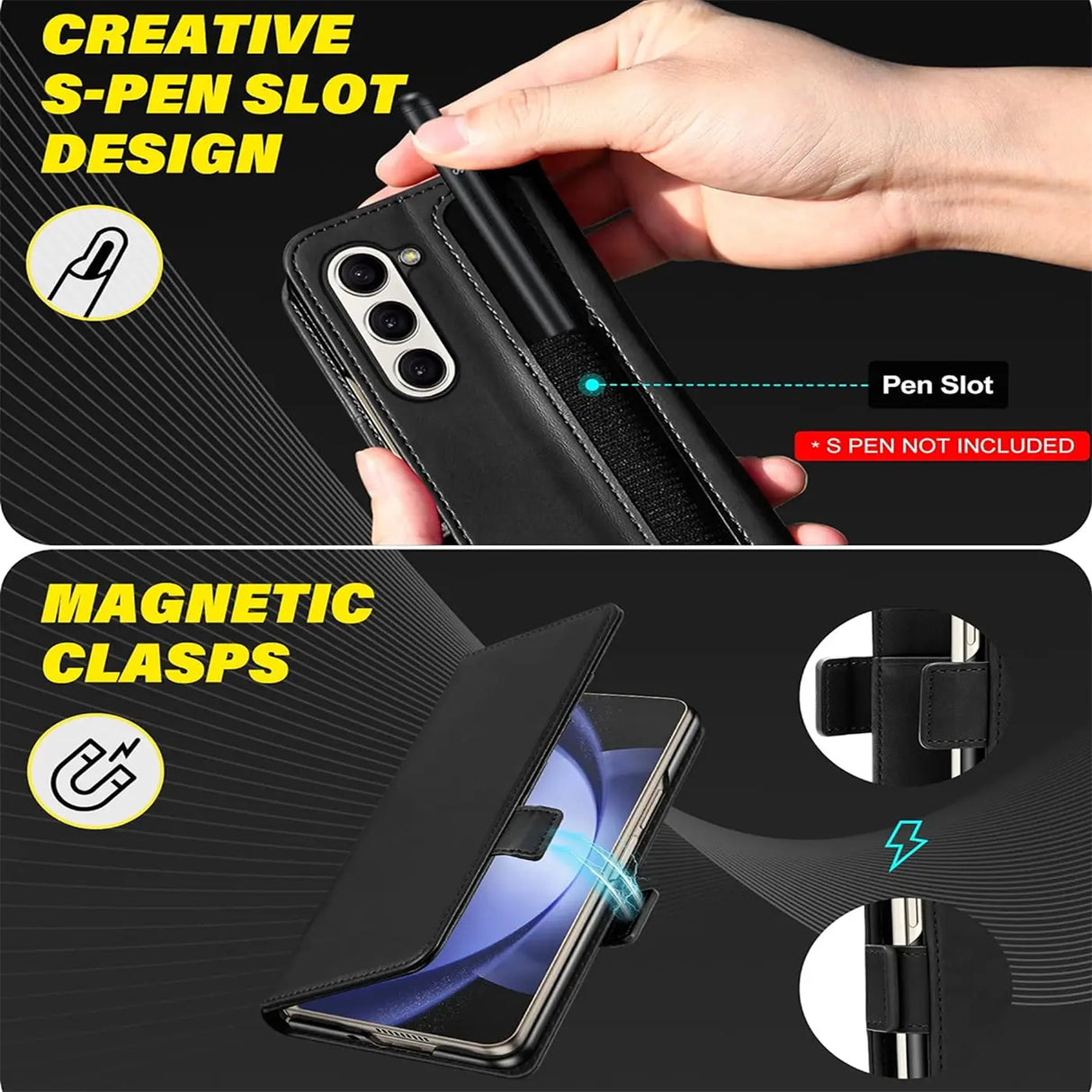 Samsung Galaxy Z FOLD 5 Klapphülle im Lederlook mit RFID Block in Schwarz