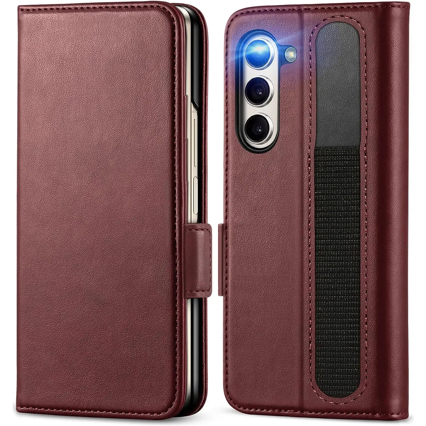 Dunkelrote Lederhülle mit RFID-Schutz, offen gezeigt, Samsung Galaxy Z Fold 6.
