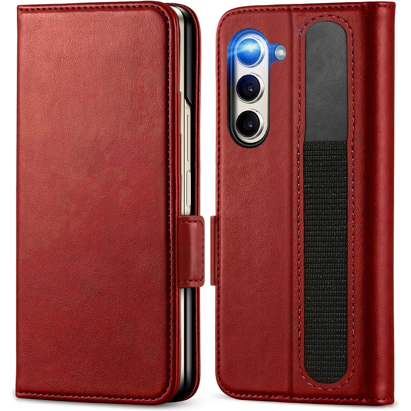 Rote Lederhülle mit schwarzem Band für Samsung Galaxy Z Fold 6, Vorder- und Rückansicht.
