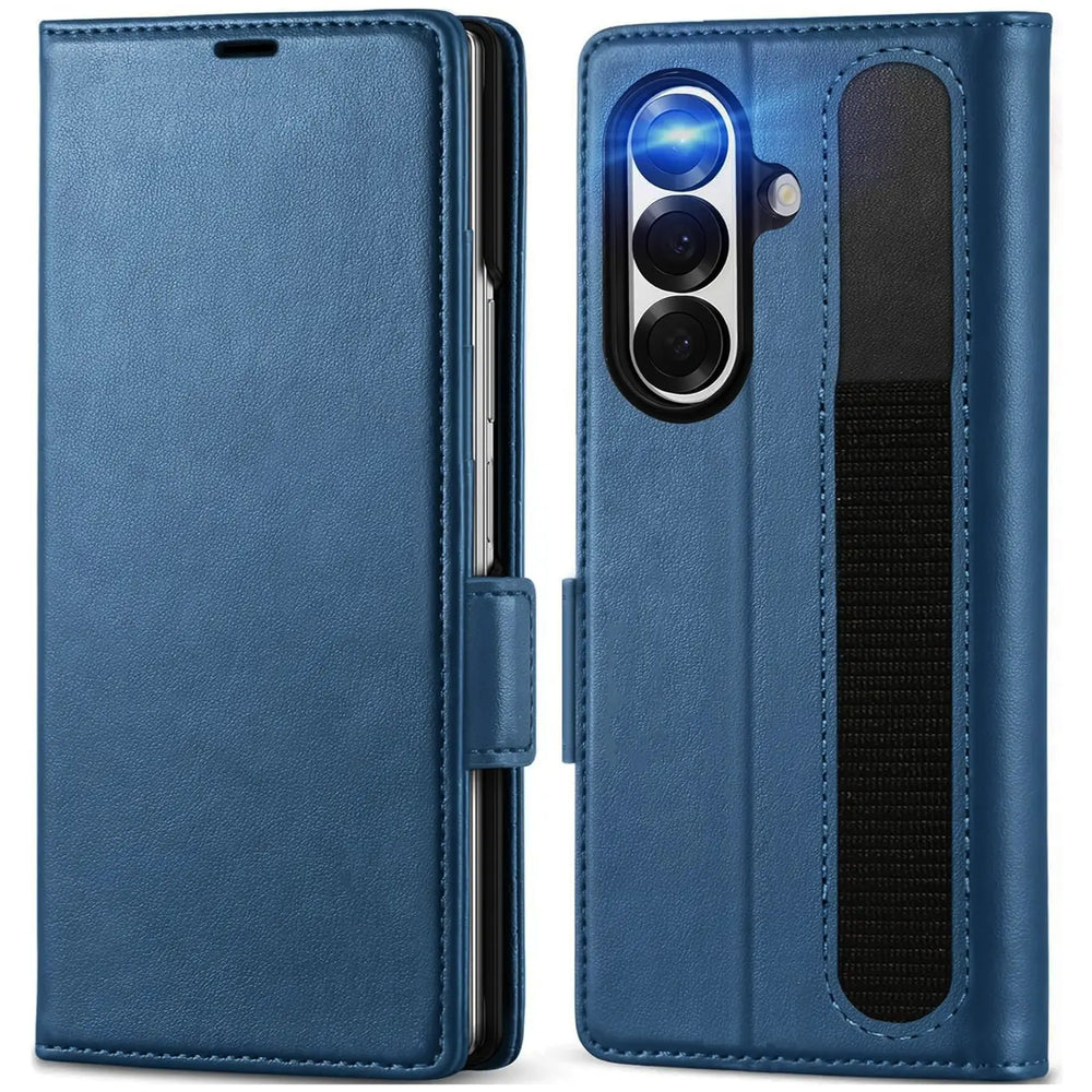 Blaue Leder-Klapphülle für Samsung Galaxy Z Fold 7, Vorder- und Rückansicht.