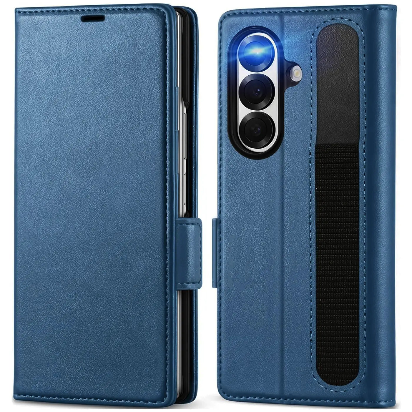 Blaue Leder-Klapphülle für Samsung Galaxy Z Fold 7, Vorder- und Rückansicht.