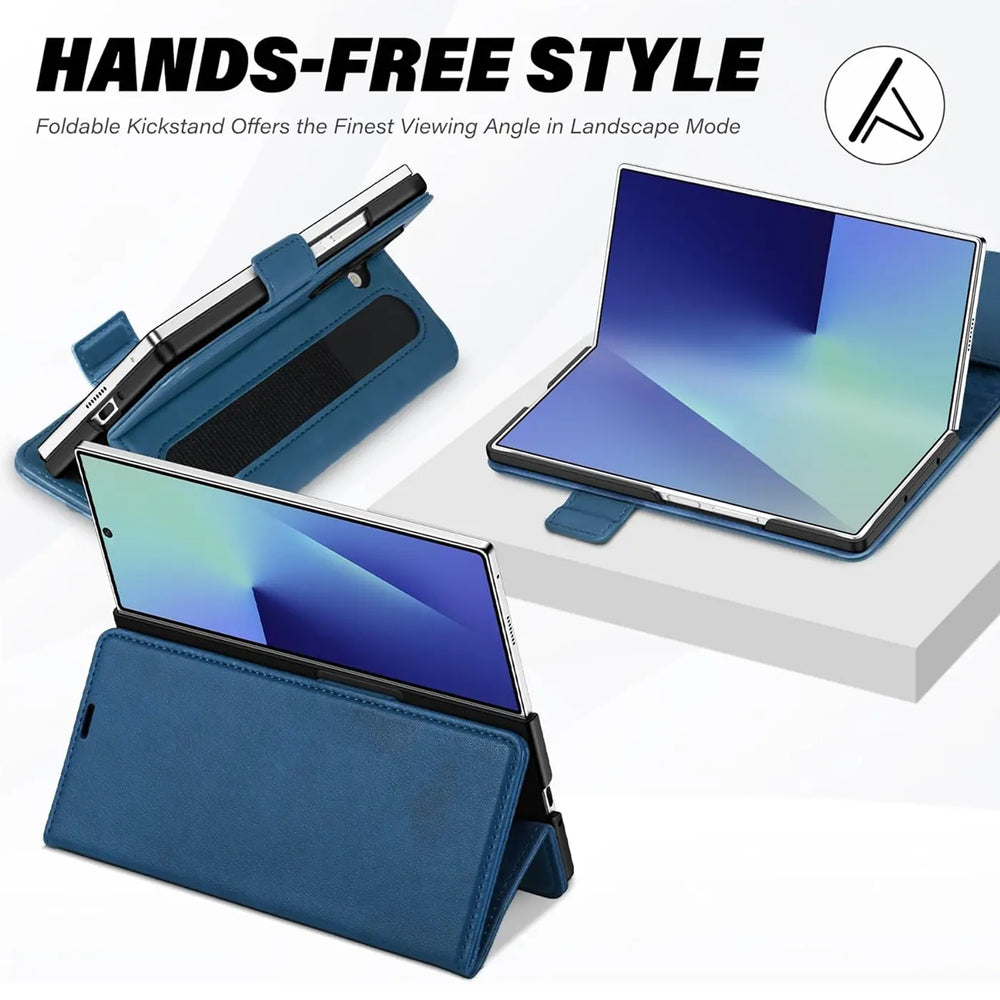 Blaue Lederhülle mit RFID-Schutz für Samsung Galaxy Z Fold 7, im Querformat aufgestellt.