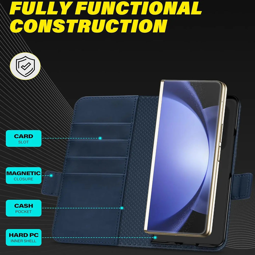 Dunkelblaue Klapphülle aus Lederimitat mit Kartenfächern, zeigt ein offenes Samsung Galaxy Z Fold.