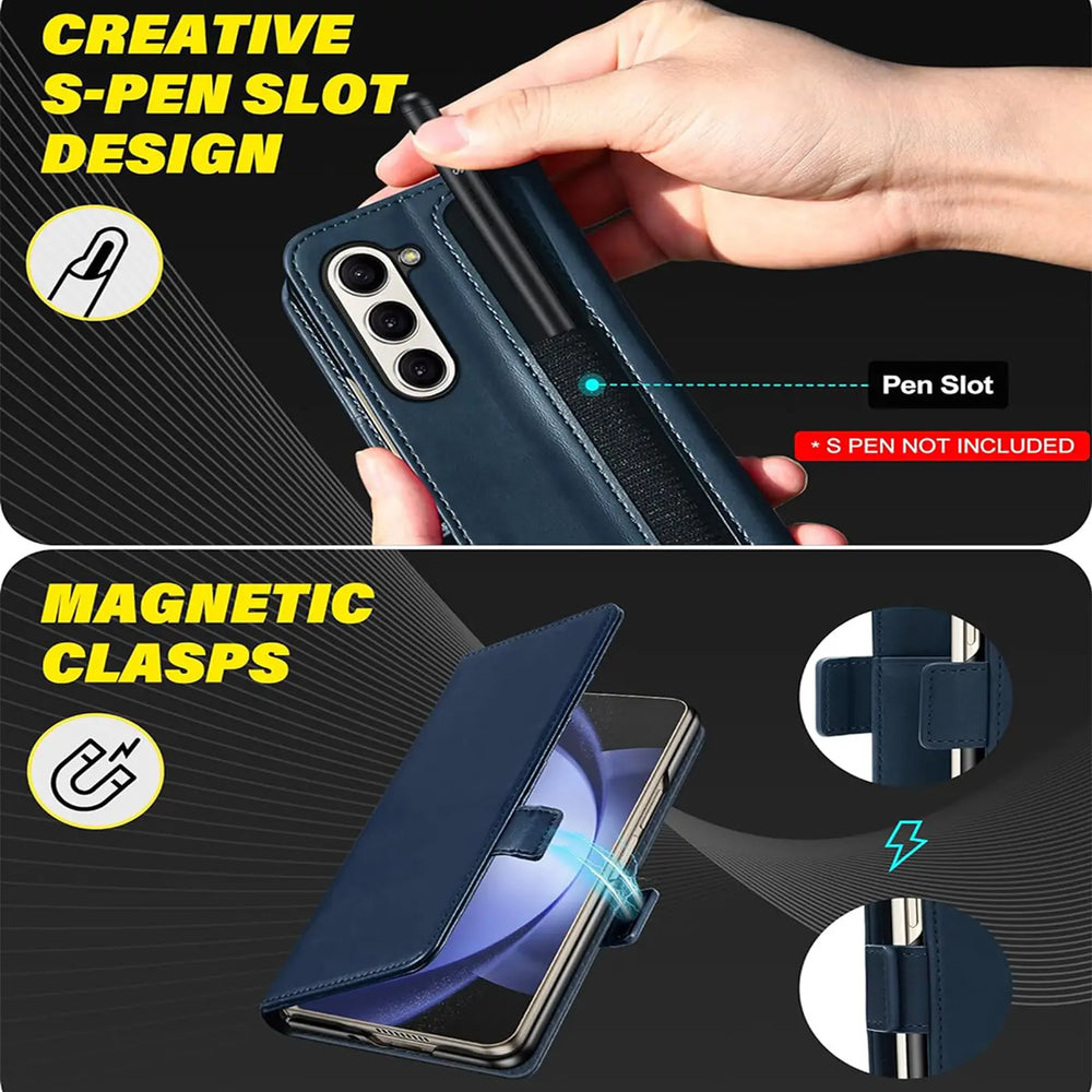 Dunkelblaue Lederhülle für Samsung Galaxy Z Fold 7 mit Stifthalter und Magnetverschluss.