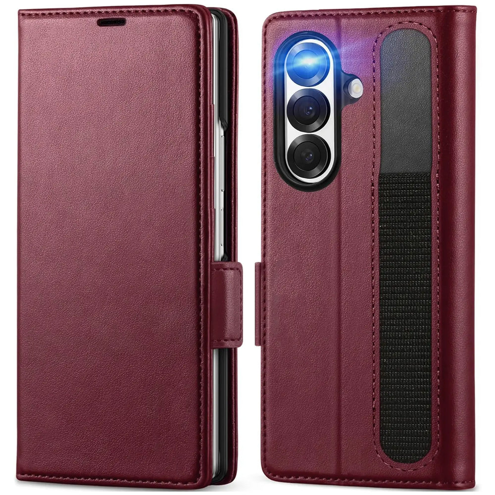 Bordeauxrote Lederhülle mit RFID-Schutz für Samsung Galaxy Z Fold 7, Vorder- und Rückansicht.
