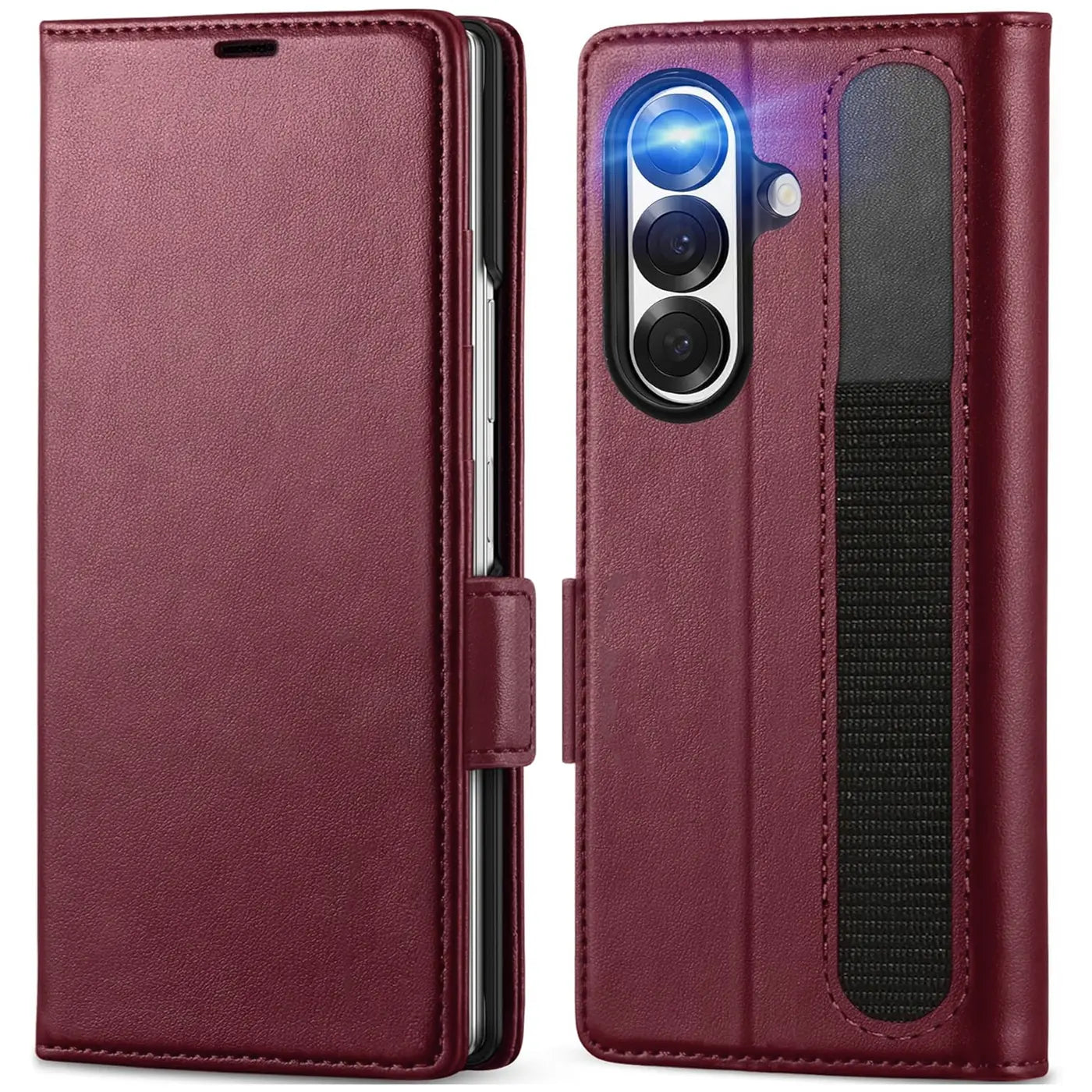 Bordeauxrote Lederhülle mit RFID-Schutz für Samsung Galaxy Z Fold 7, Vorder- und Rückansicht.