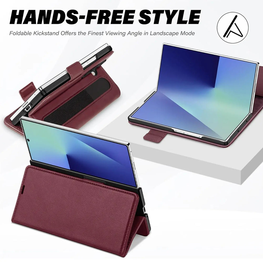 Bordeauxrote Lederhülle für Samsung Galaxy Z Fold 7, von vorne, mit aufgestelltem Gerät.