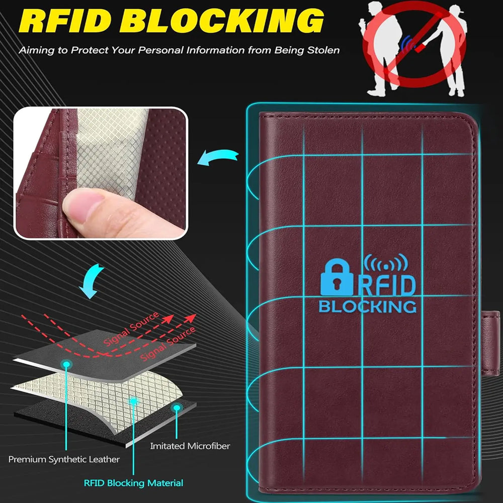 Bordeauxrote Kunstleder-Klapphülle, Vorderansicht, mit RFID-Schutz-Symbol.