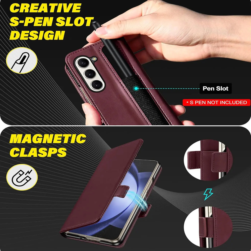 Bordeauxrote Lederhülle mit Stiftfach und Magnetverschluss für Samsung Galaxy Z Fold 7.