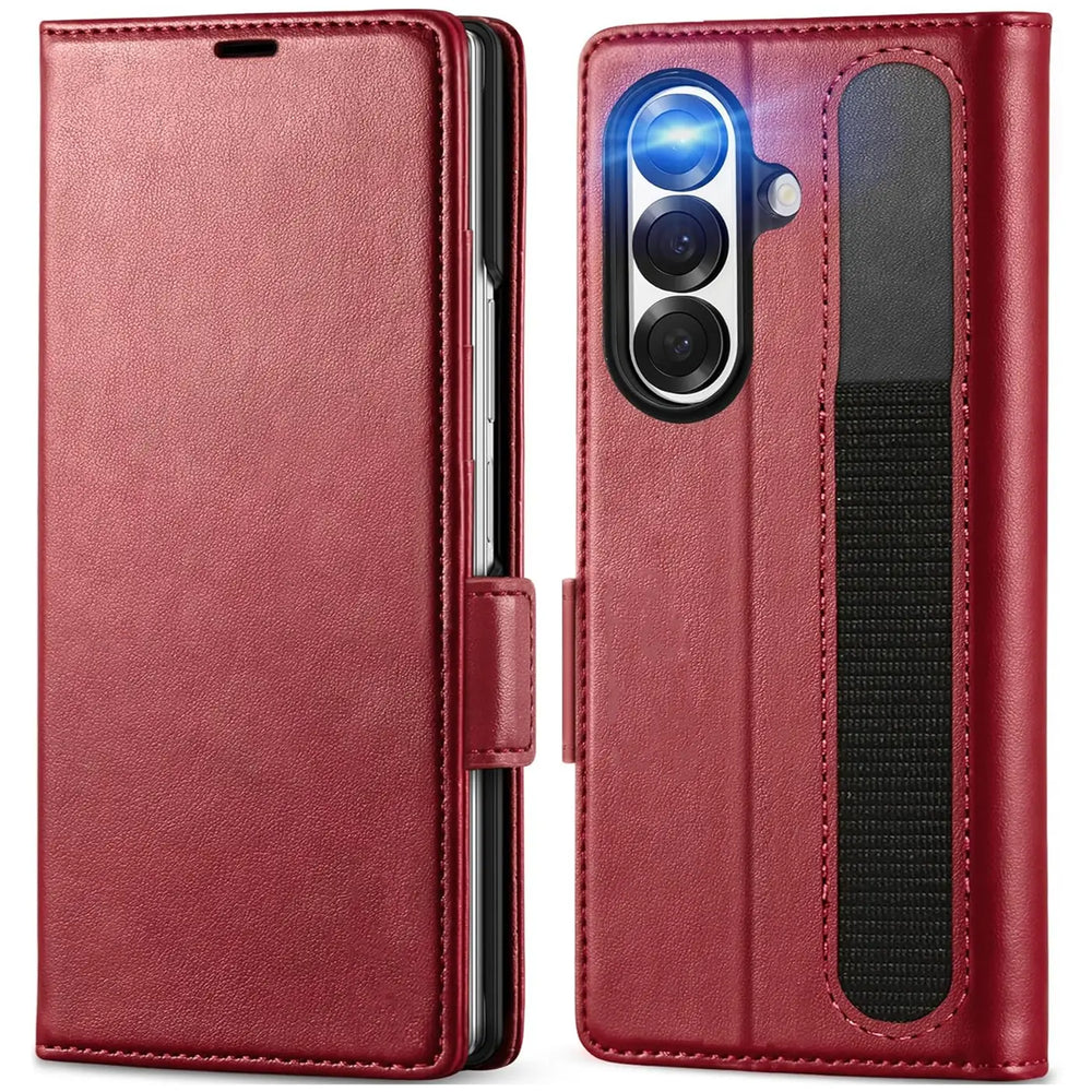 Rote Lederhülle, offen, zeigt Kamera und Handschlaufe, für Samsung Galaxy Z Fold 7.