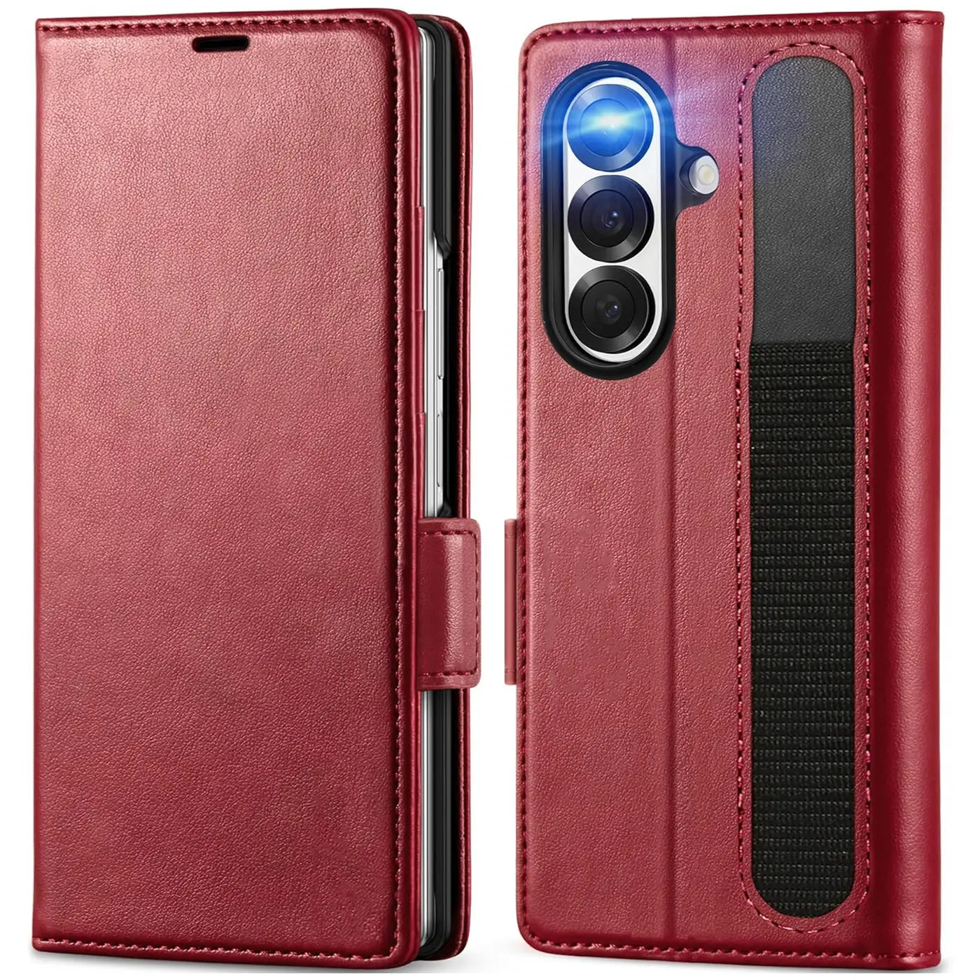 Rote Lederhülle, offen, zeigt Kamera und Handschlaufe, für Samsung Galaxy Z Fold 7.