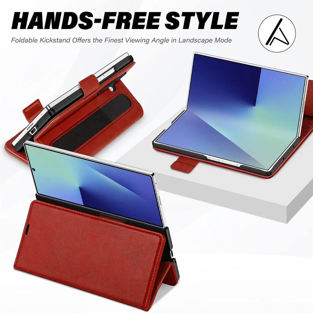 Rote Lederhülle für Samsung Galaxy Z Fold 7, mit offenem Gerät, von vorne.