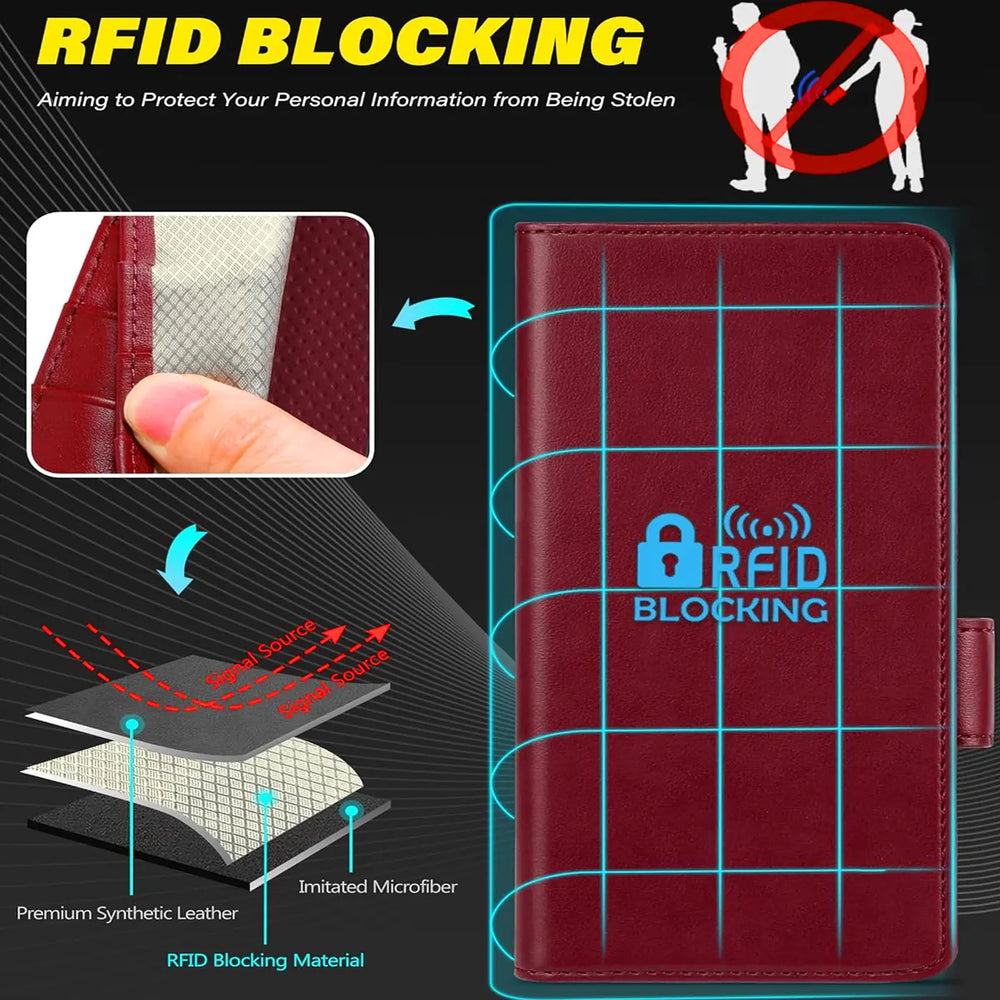 Dunkelrote Kunstleder-Klapphülle mit RFID-Schutz-Symbol, Nahaufnahme des Materials.