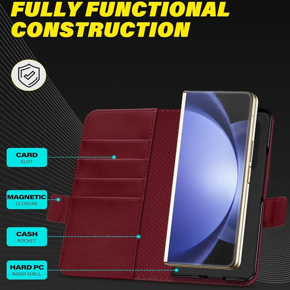 Rote Leder-Klapphülle mit Kartenfächern und Samsung Galaxy Z Fold 7, von vorne.
