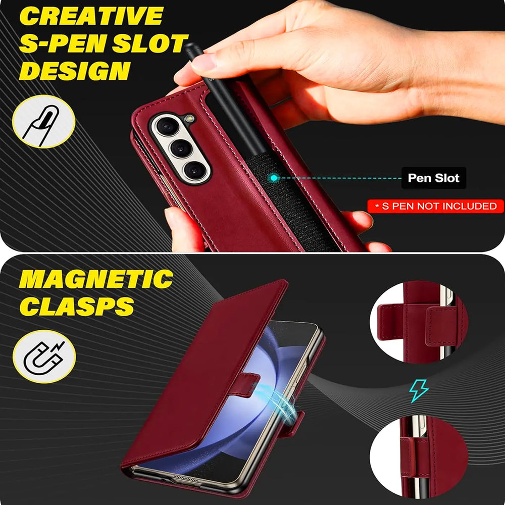 Rote Lederhülle mit Stiftfach und Magnetverschluss für Samsung Galaxy Z Fold.