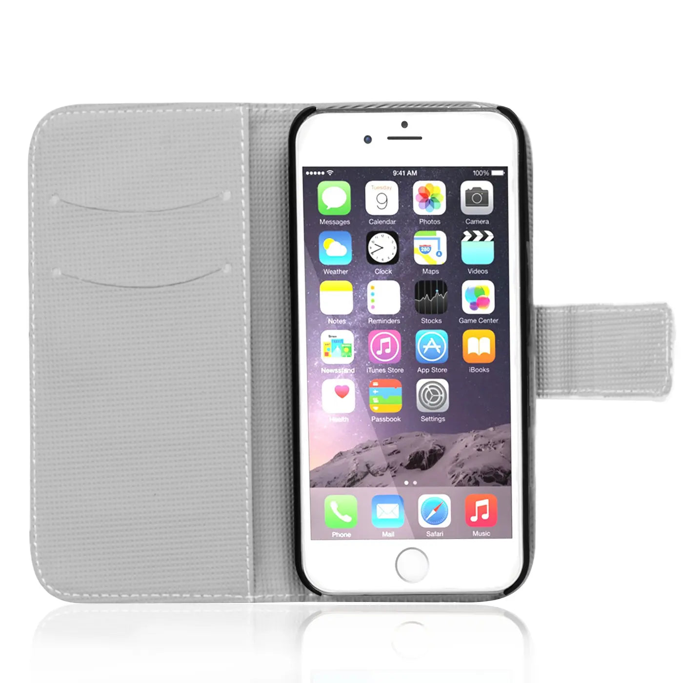 Graue Kunstleder-Klapphülle mit Kartenfach, zeigt iPhone 6s Plus/6 Plus von vorne.