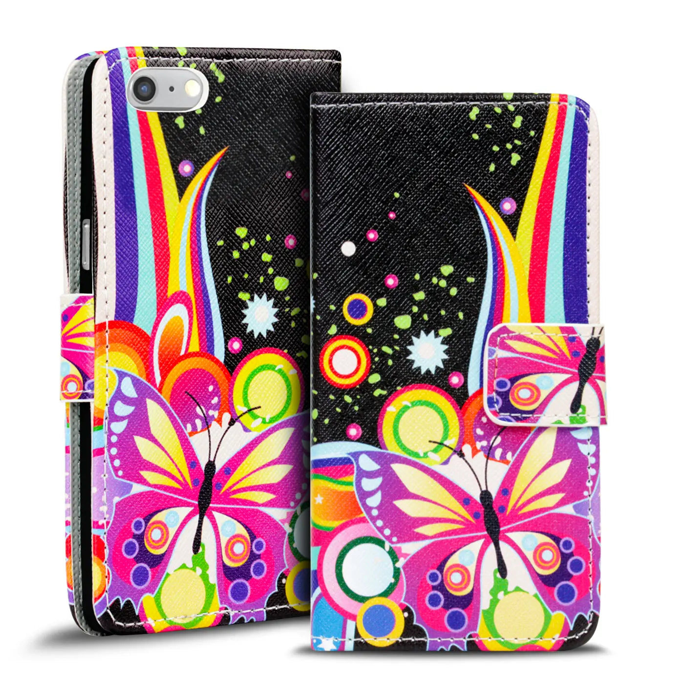 iPhone 6s Plus/6 Plus Klapphülle, buntes Schmetterlingsmotiv, Kunstleder, Vorderansicht