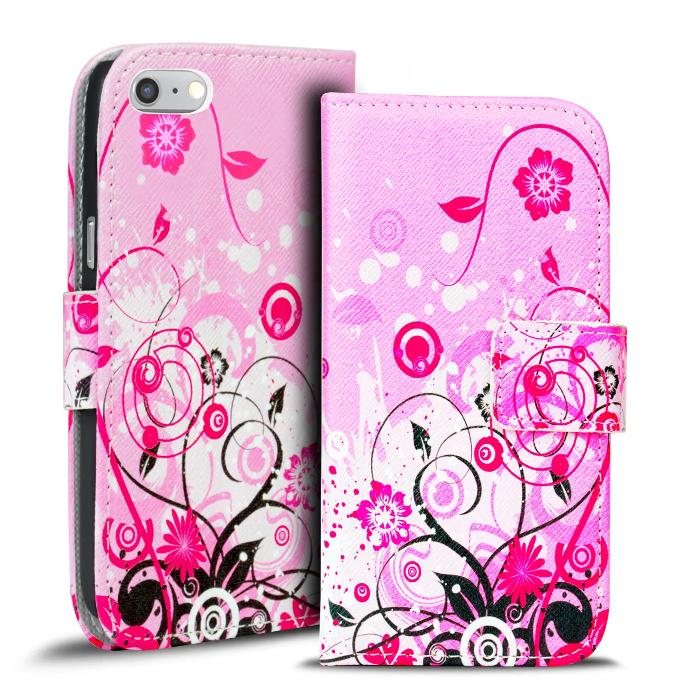 Rosa Klapphülle mit Blumenmuster für iPhone 6s Plus/6 Plus, Leder, Vorderansicht.