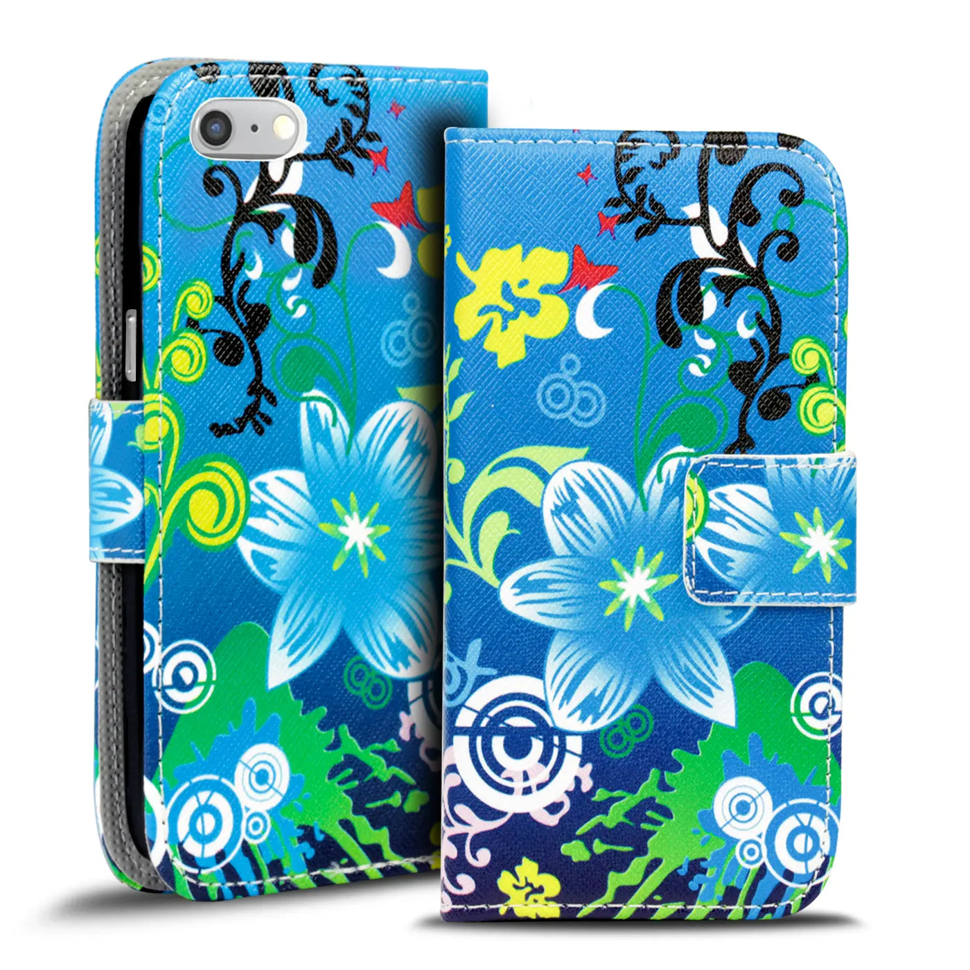 Blaue Klapphülle aus Kunstleder mit Blumenmuster, Vorderansicht, für HTC One M8.