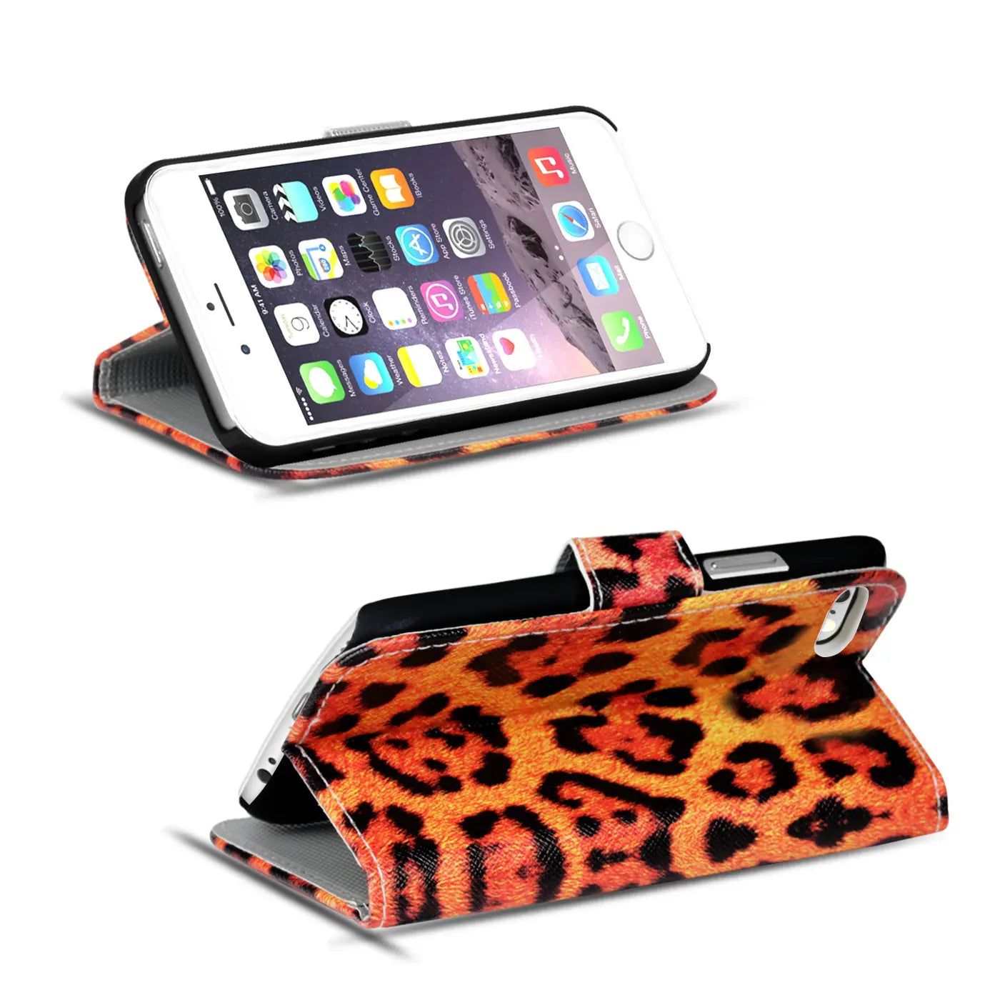 Klapphülle mit Leopardenmuster, Kunstleder, für iPhone 7/8/SE, von vorne/oben.