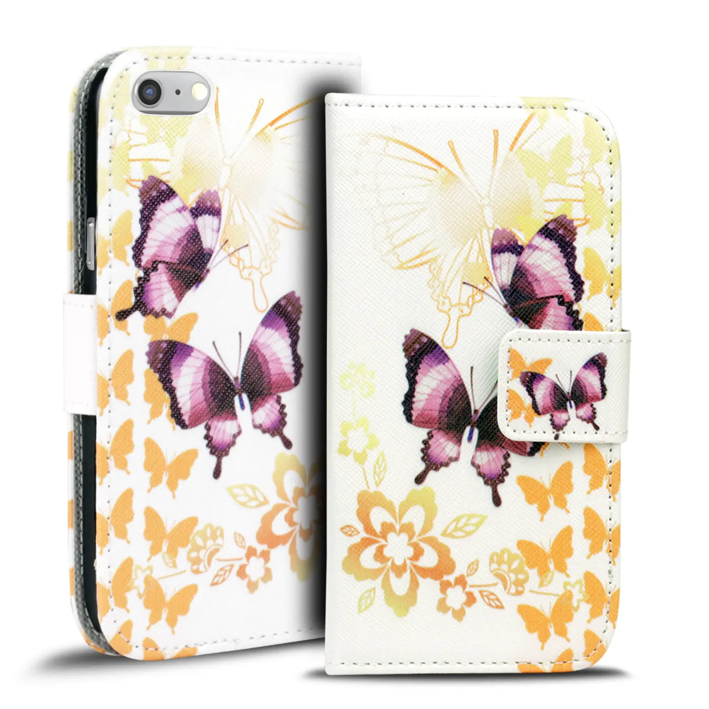 Weiße Leder-Klapphülle mit Schmetterlingsmotiv für iPhone 7 Plus/8 Plus.