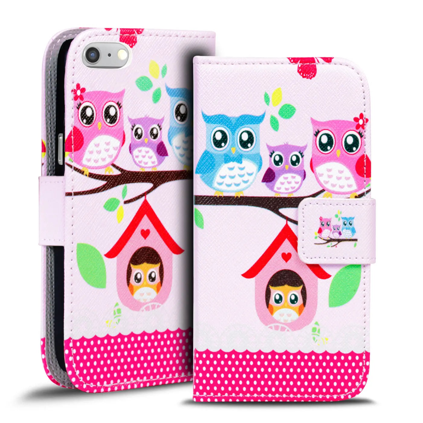 Klapphülle mit Eulenmotiv für iPhone 7/8 Plus, rosa Kunstleder, Vorderansicht