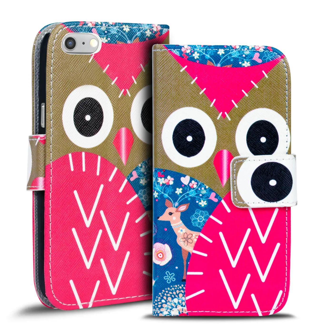 Klapphülle mit Eulenmotiv für iPhone 7/8 Plus, Leder, Vorderansicht.