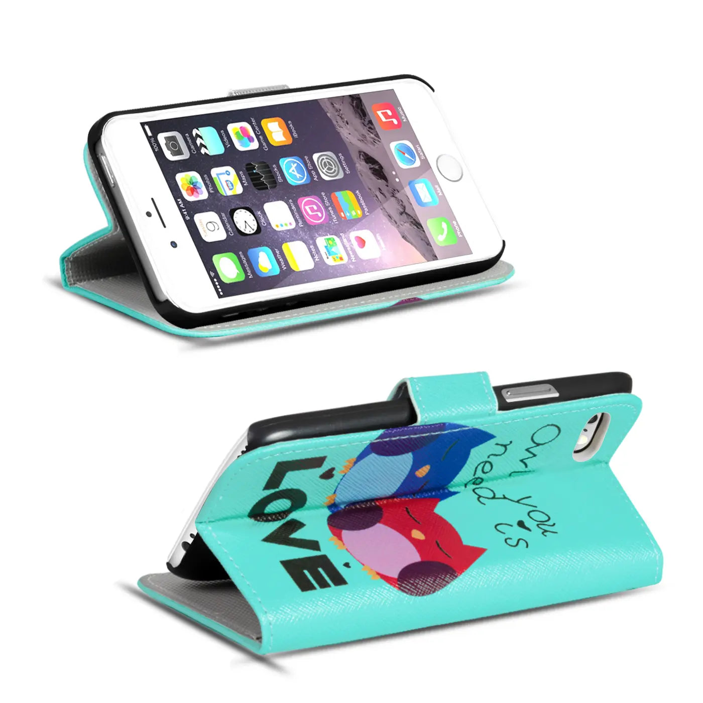 Türkisblaue Klapphülle aus Kunstleder mit Eulenmotiv für iPhone 7/8 Plus, Vorder- und Rückansicht.